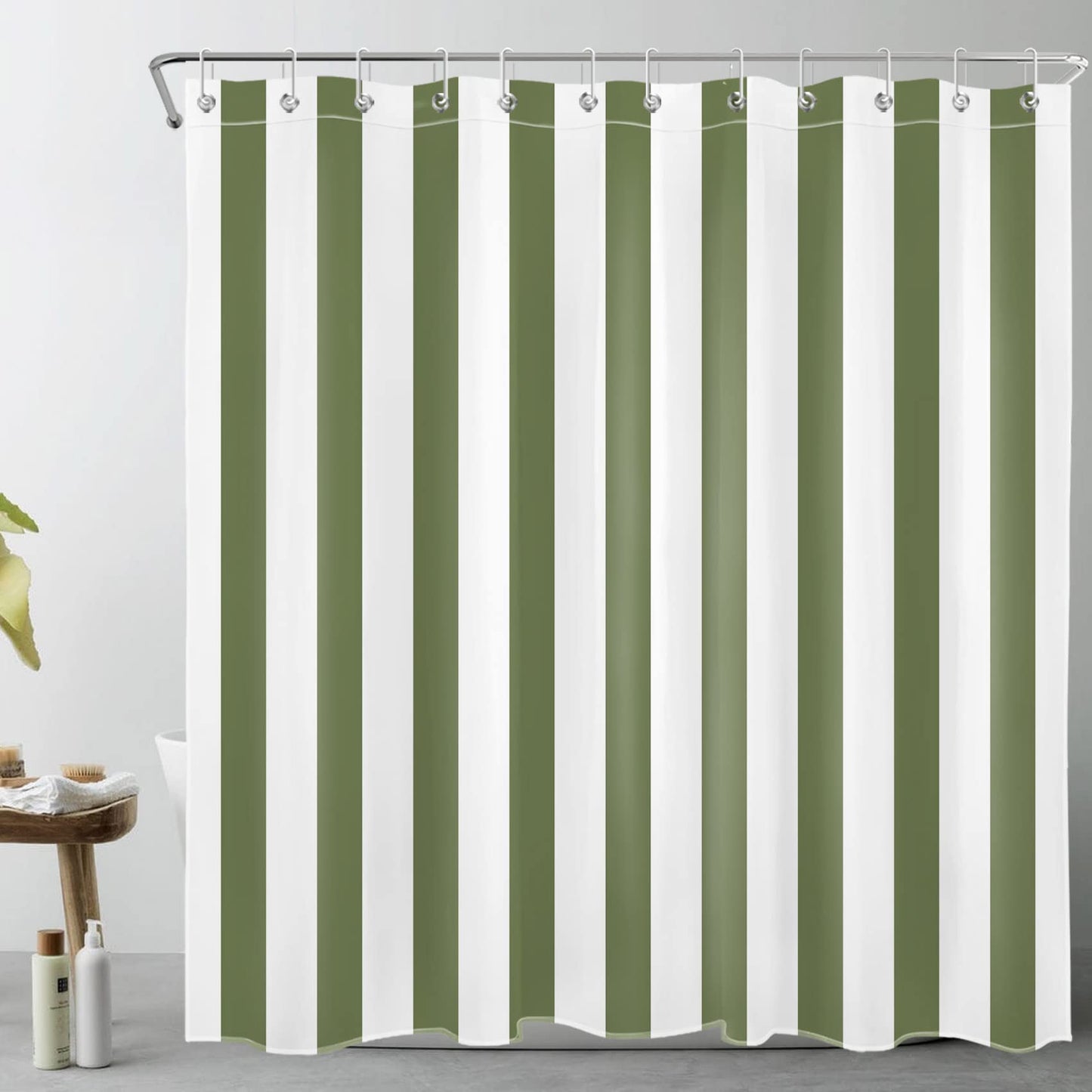LB Green and White Striped Shower Curtain Simple Geometric Art Shower Curtains for Bathroom Minimalist Polyester Anti Mould Waterproof Extra Long Bath