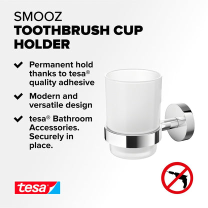 tesa SMOOZ Toothbrush and Toothpaste Holder - No Drill Wall Mounted Satined Cup with Chrome-Plated Holder, Stainless - Waterproof