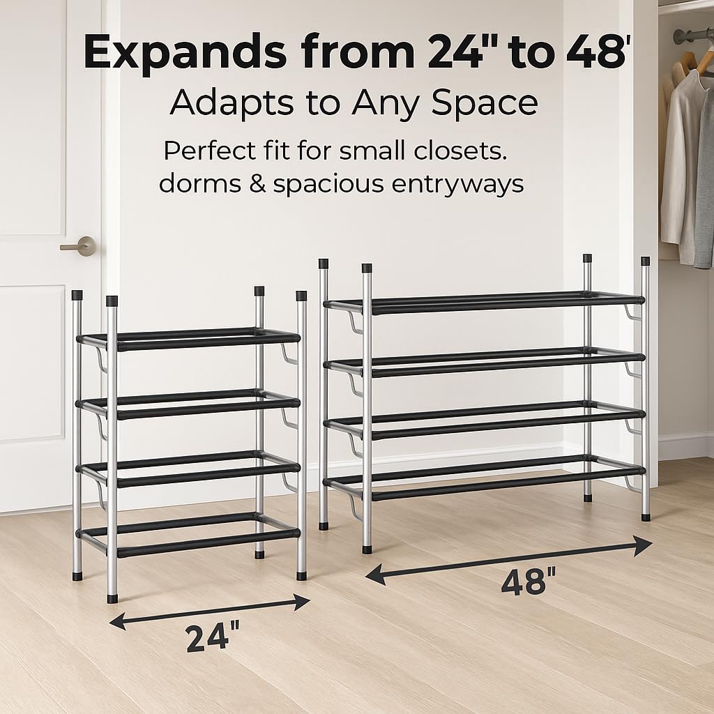 USTECH 4 Tier Adjustable Metal Shoe Rack Storage Organizer | Portable, Large, Free Standing Closet Shelf for Bedroom and Entryway for Kids and Adults