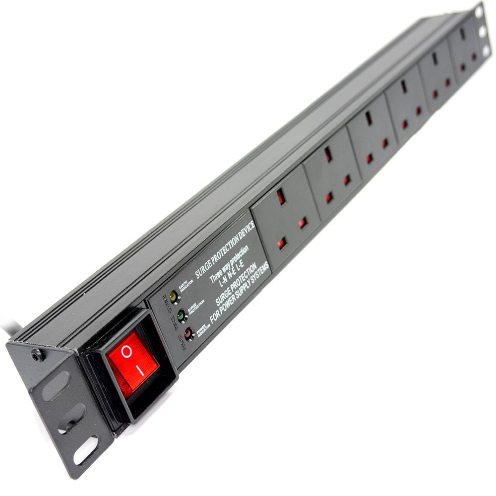 kenable Power Distribution Unit PDU 6 Way UK Sockets Horizontal Surge to 13A UK Plug 19 inch Rack Mounted 1U [6 Way Horizontal SURGED]