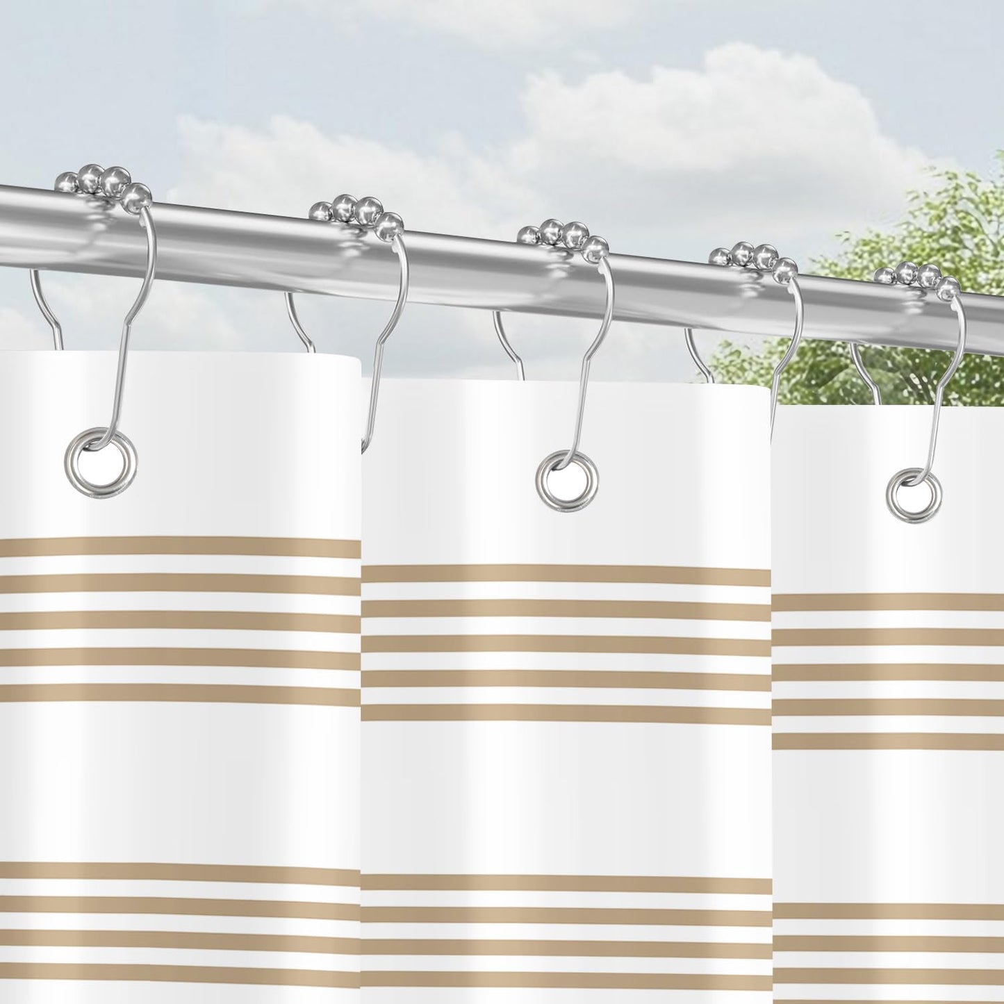 Lerores Shower Curtain, 180 x 200 cm, Beige Striped Design, Weighted Hem, Anti-Mould Textile, Water-Repellent, Washable Polyester Bath Curtains with