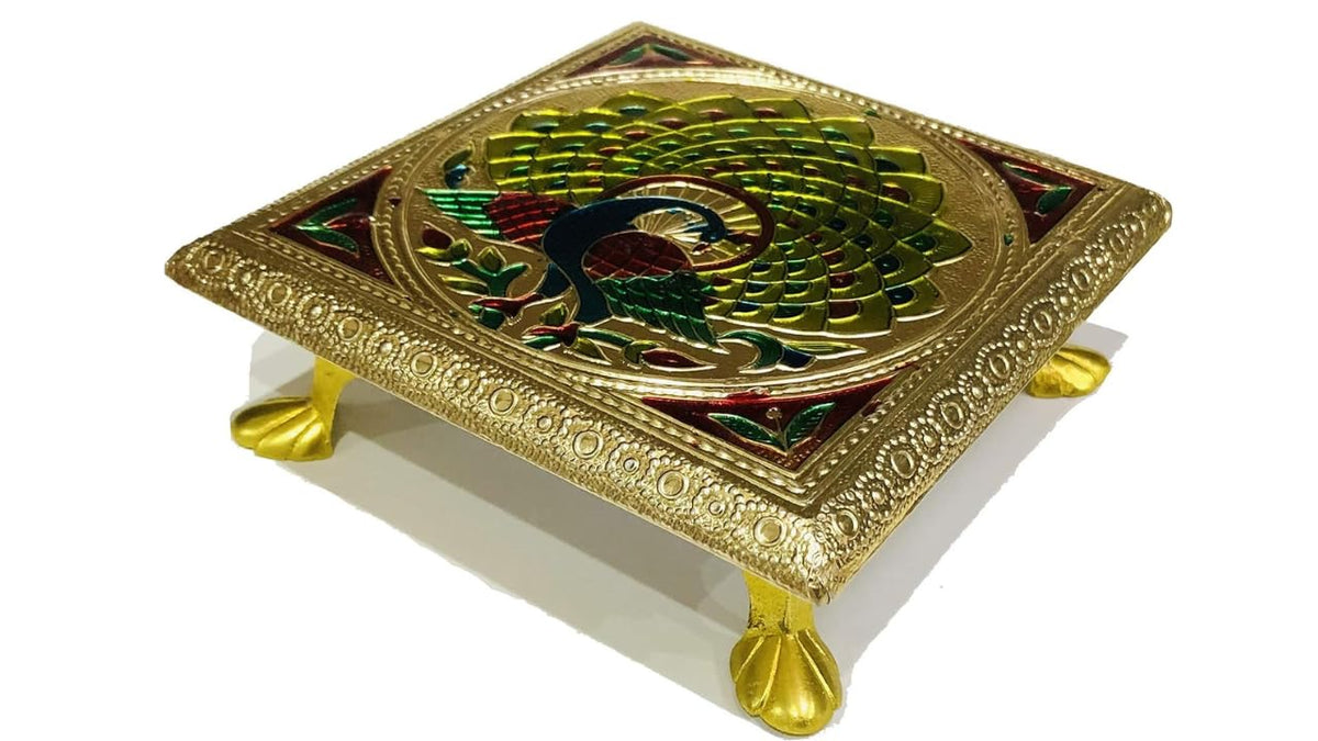 AARNAV 6" x 6" Handcrafted Low Table Bajath Bajot Chowki For God Temple or Lamp or Vase or Hindu Puja Brass Minakari Table (Brass Minakari 6"x6")