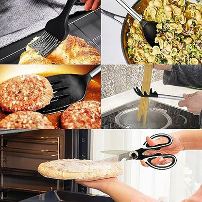 Kitchen Utensils Set, 26 Pack Silicone Cooking Utensils Set with Holder, Silicone Kitchen Utensils, Heat Resistant, Non Stick Spatula Spoon Slotted Spatula Cooking Tools Turner Tongs, Black