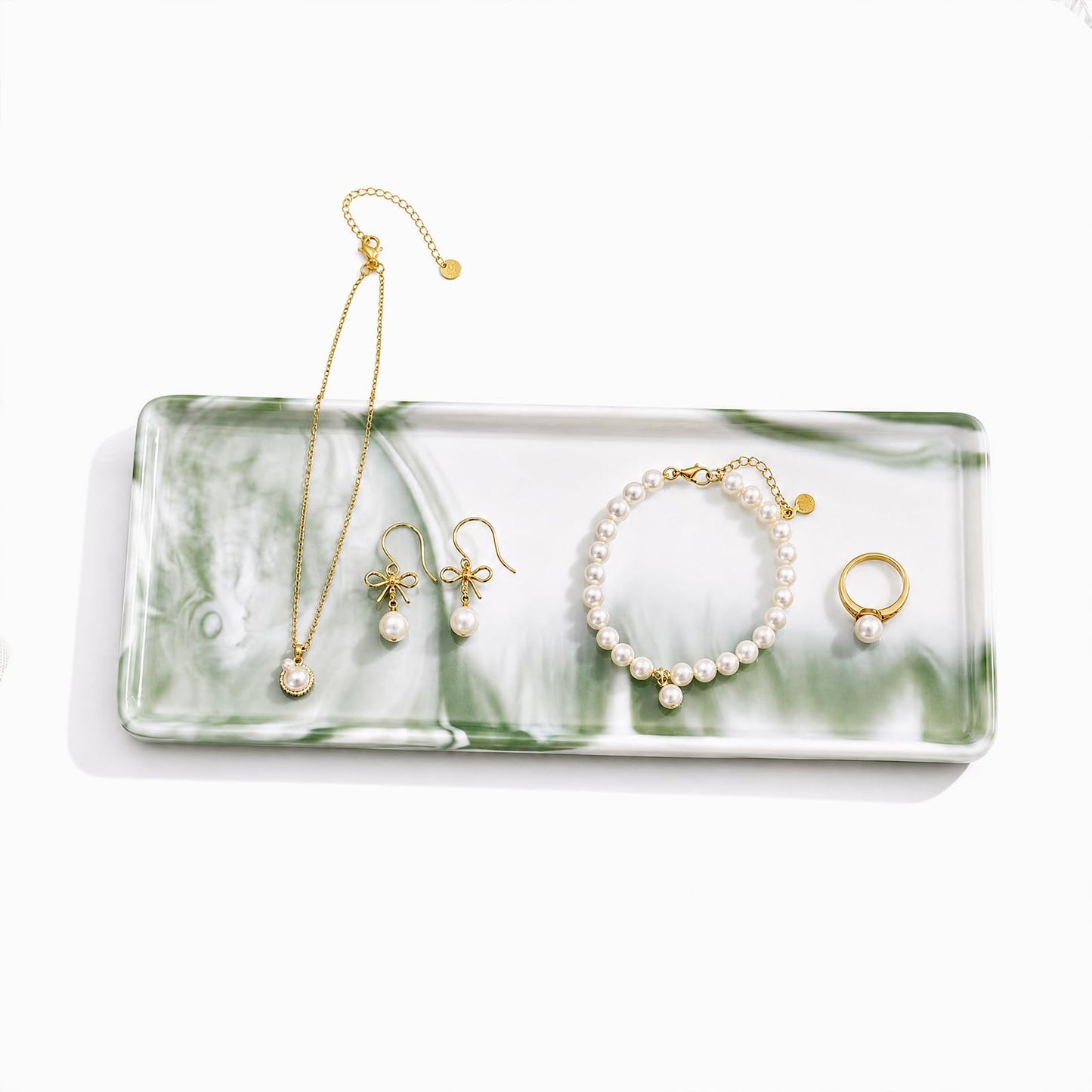Green Marble Pattern Ceramic Vanity Tray,20.5x9.5x1.2cm Perfume & Jewelry Dish,Rectangular Countertop Organiser for Bathroom,Vanity