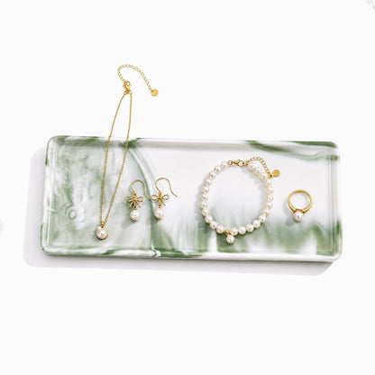Green Marble Pattern Ceramic Vanity Tray,20.5x9.5x1.2cm Perfume & Jewelry Dish,Rectangular Countertop Organiser for Bathroom,Vanity