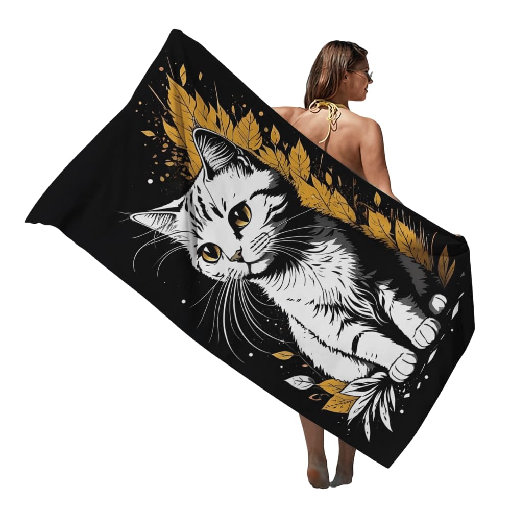 EPRHAY Adorable Cat Print Beach Towel White Cat Absorbent Bath Sheets Holiday Essentials Outdoor Sand Free Towel Soft Swimming Towels Microfibre