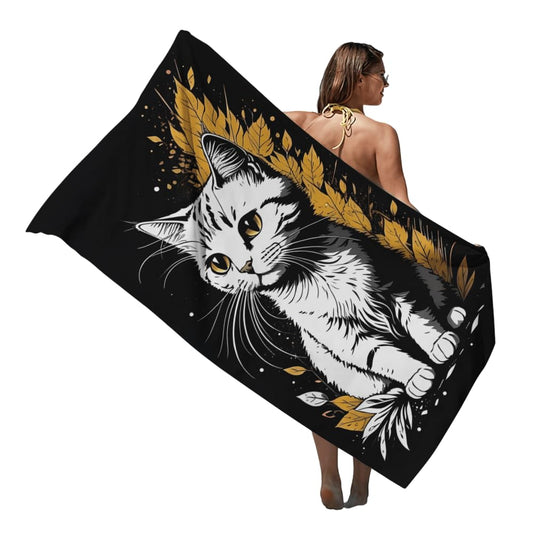EPRHAY Adorable Cat Print Beach Towel White Cat Absorbent Bath Sheets Holiday Essentials Outdoor Sand Free Towel Soft Swimming Towels Microfibre