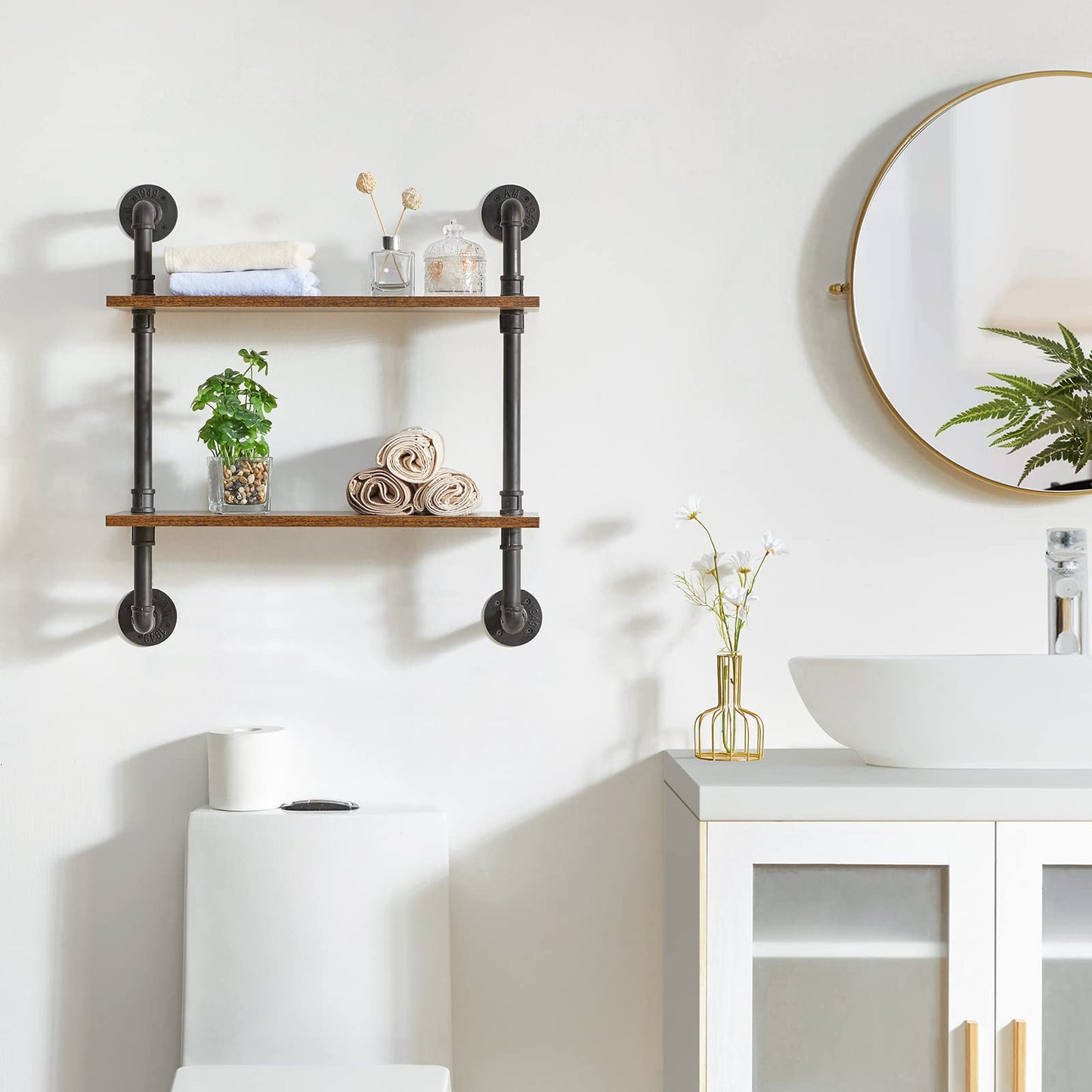 YMYNY 2-Tier Industrial Pipe Wall Mount Shelves, Rustic Storage Shelves, Floating Shelves, Wall Mount Bookshelf, Kitchen Spice Rack, for Bedroom,
