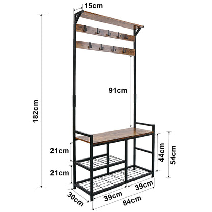 Industrial Coat Rack Freestanding Hall Tree 33"x12"x71.5" Rustic Brown