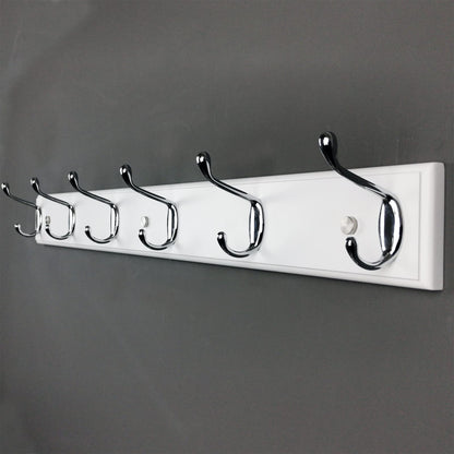 lomejii Long Wooden wall Mounted Coat Rack Wood White 6 Hooks, 70 cm, Sturdy Silver Coat Hook Rack for Clothes, Hats, Bags
