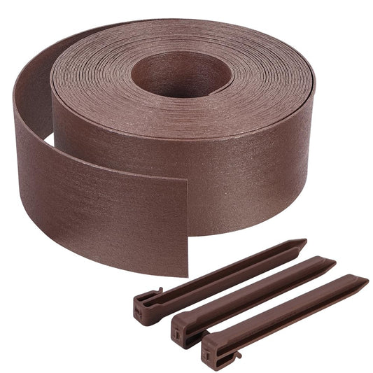 VOUNOT PE Garden Edging 20 Metres with 12 Anchor Pegs Flexible Lawn Edging Natural Look Height 13 cm Thickness 4 mm Brown
