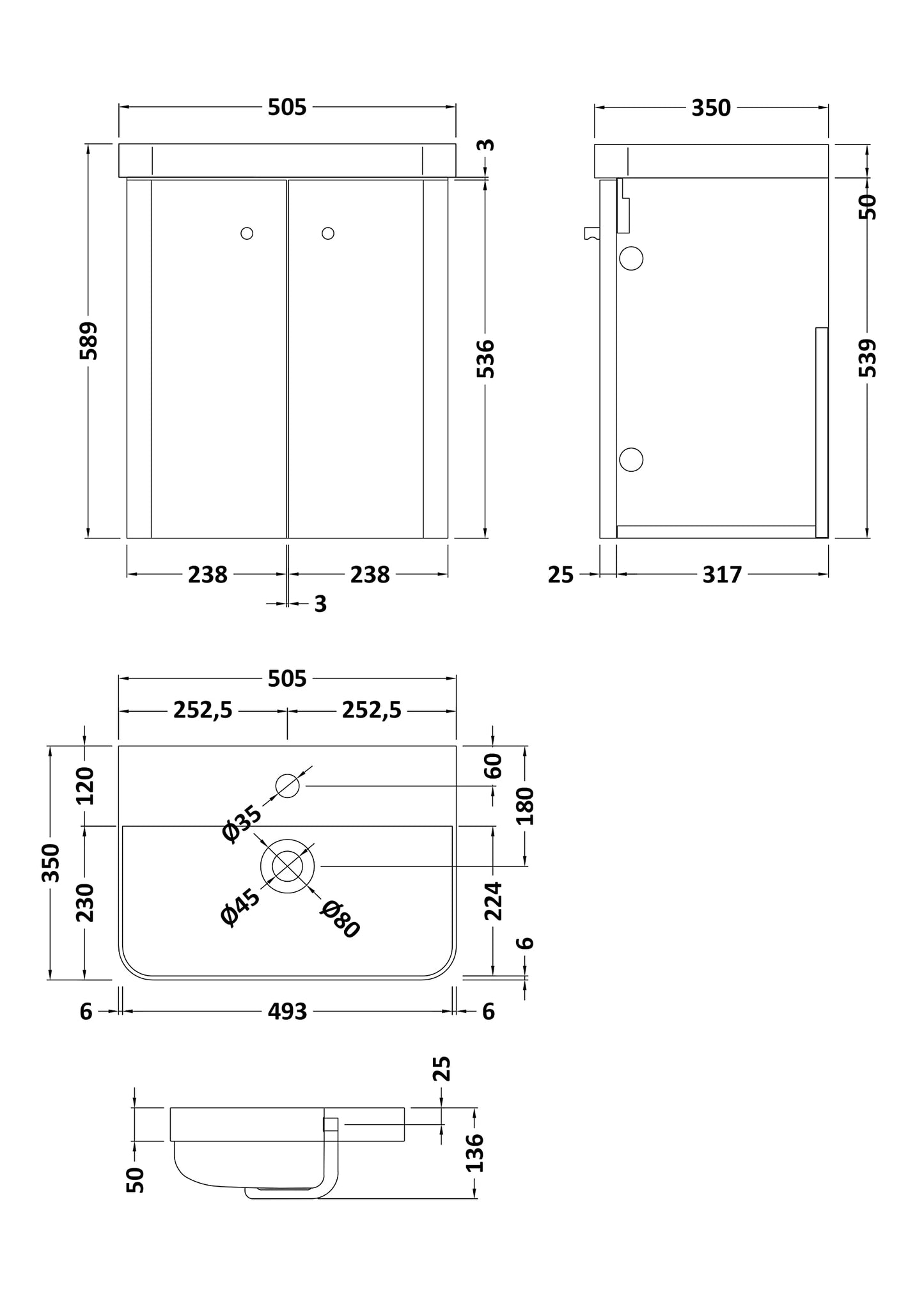 nuie COR1403 Core Modern Bathroom Wall Hung 2 Door Vanity Basin Unit with Ceramic Basin, 500mm, Soft Black