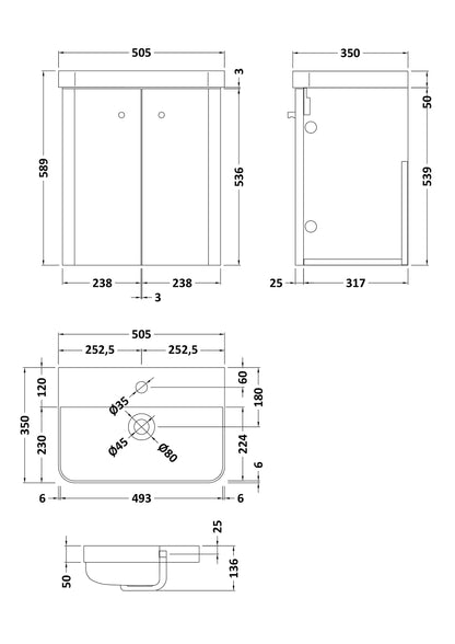nuie COR1403 Core Modern Bathroom Wall Hung 2 Door Vanity Basin Unit with Ceramic Basin, 500mm, Soft Black