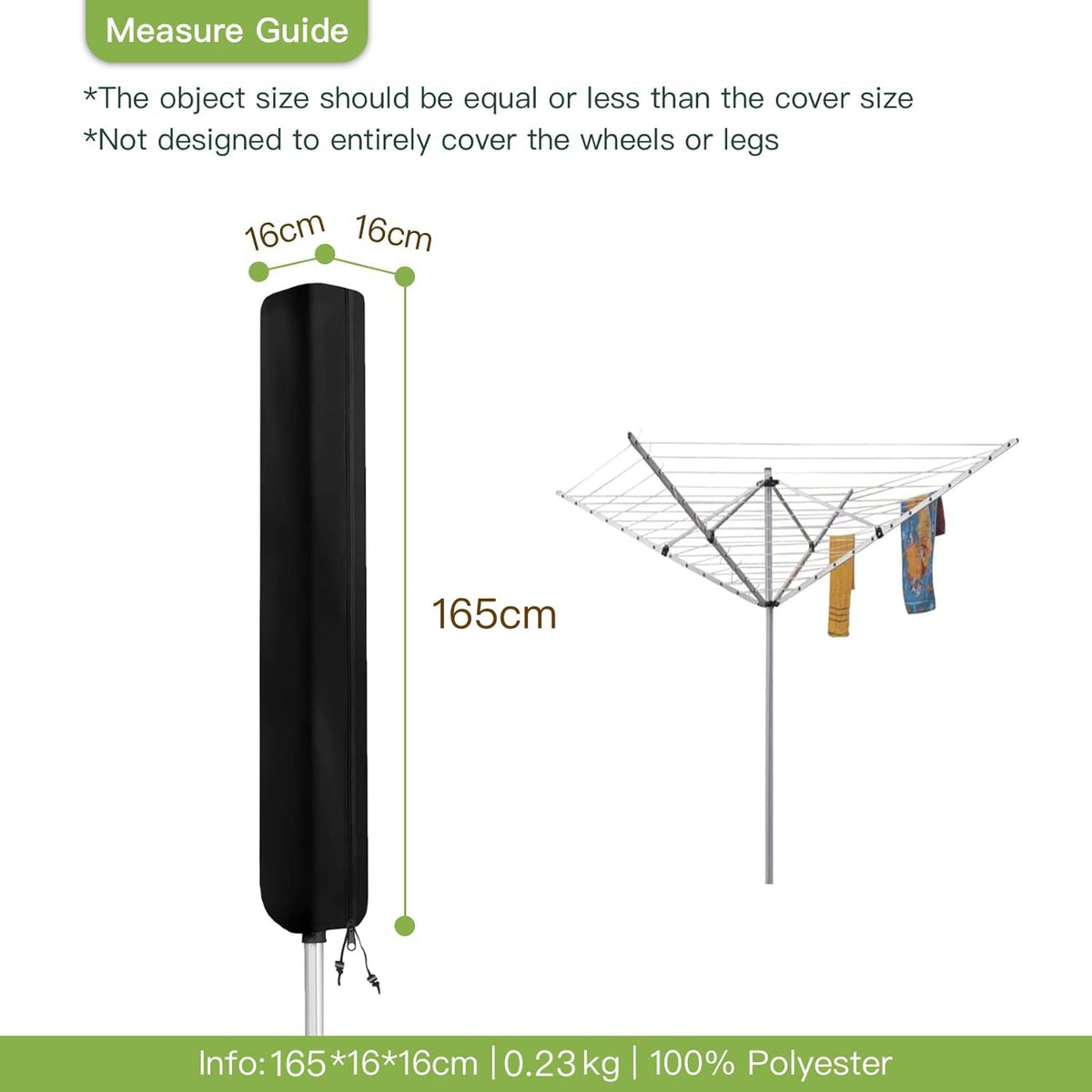 AWNIC Rotary Airer Cover Washing Lines for Rotary Clothes Dryer Tear Resistant Waterproof 420D Oxford Black 16X16X165cm