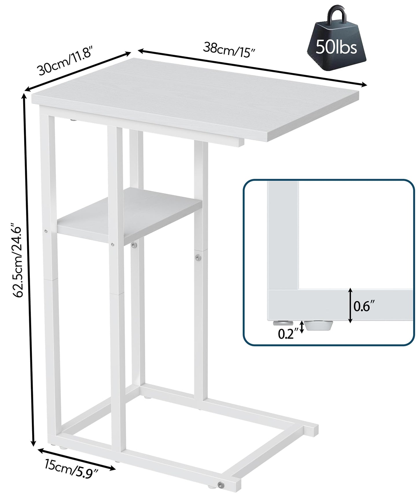 Yusong C Shaped End Table, Side Tables Slide Under Sofa Couch Bed, Small TV Tray Bedside Table for Small Spaces, Living Room, Bedroom, White