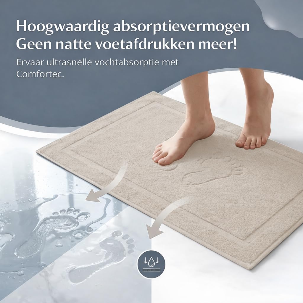 Komfortec Bath Mat 2 pcs,%100 Coton & 800 g/m², Washable, Absorbent, Quick Drying, 50 x 80 cm, Beige