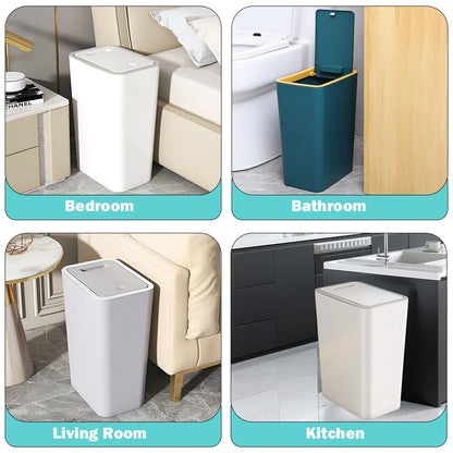 9L Slim Bathroom Bin with Touch Top Lid - Plastic Dog-Proof Narrow Trash Can for Bedroom, Office, Living Room, Kitchen, and Toilet (Green)