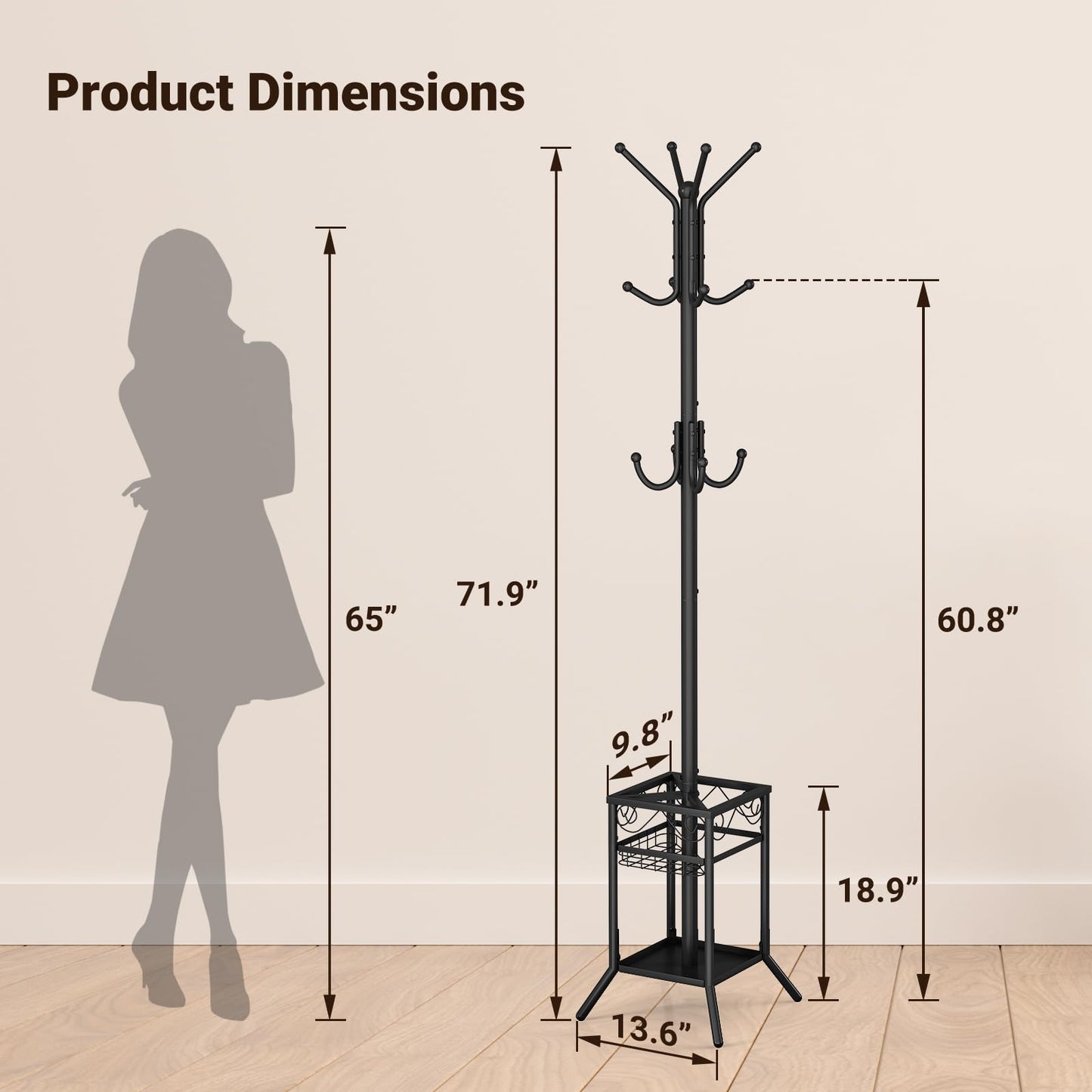 ELYKEN Metal Coat Stand with Umbrella Holder Vintage for Office, Black