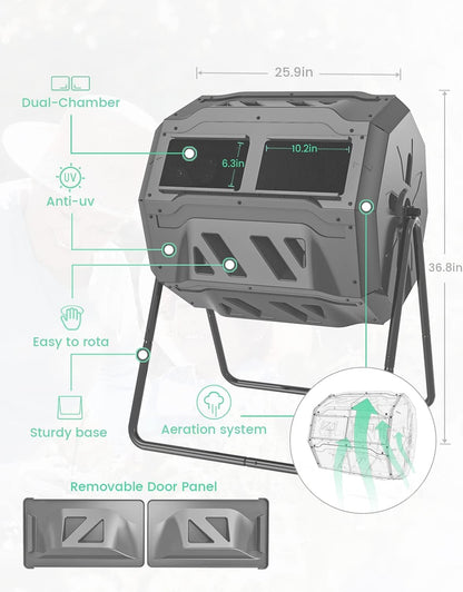 SQUEEZE master 160L Dual Chamber Compost Tumbler Bin Capacity rotatable, Better Air Circulation Efficient Compost, Rotating Tumbling Composter Bin for