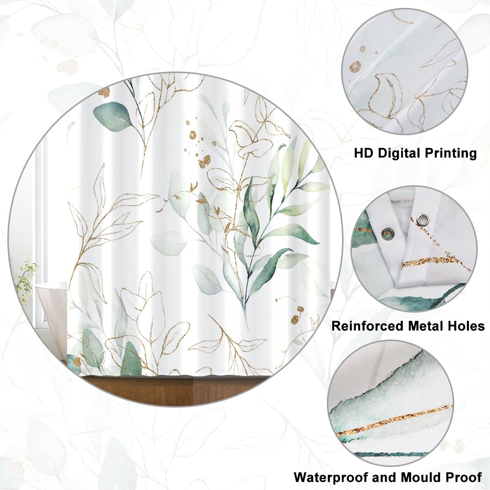 Uiiooazy Eucalyptus Shower Curtain, Sage Green Gold Leaves Pattern Bath Curtain Mildew and Mould Resistant Waterproof Polyester Fabric Washable