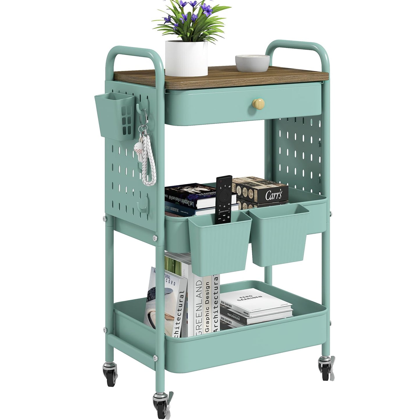 danpinera 3 Tier storage trolley, Metal storage cart with DIY Pegboard & Drawer, storage trolley on wheels with Hooks & Hanging Cups for Living Room