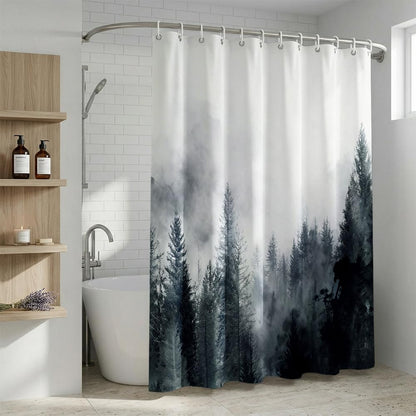 Rohxyzo Washable Shower Curtain with Hooks, Wet Room Shower Curtain 180 x 180 cm, Ink Art Misty Forest Print