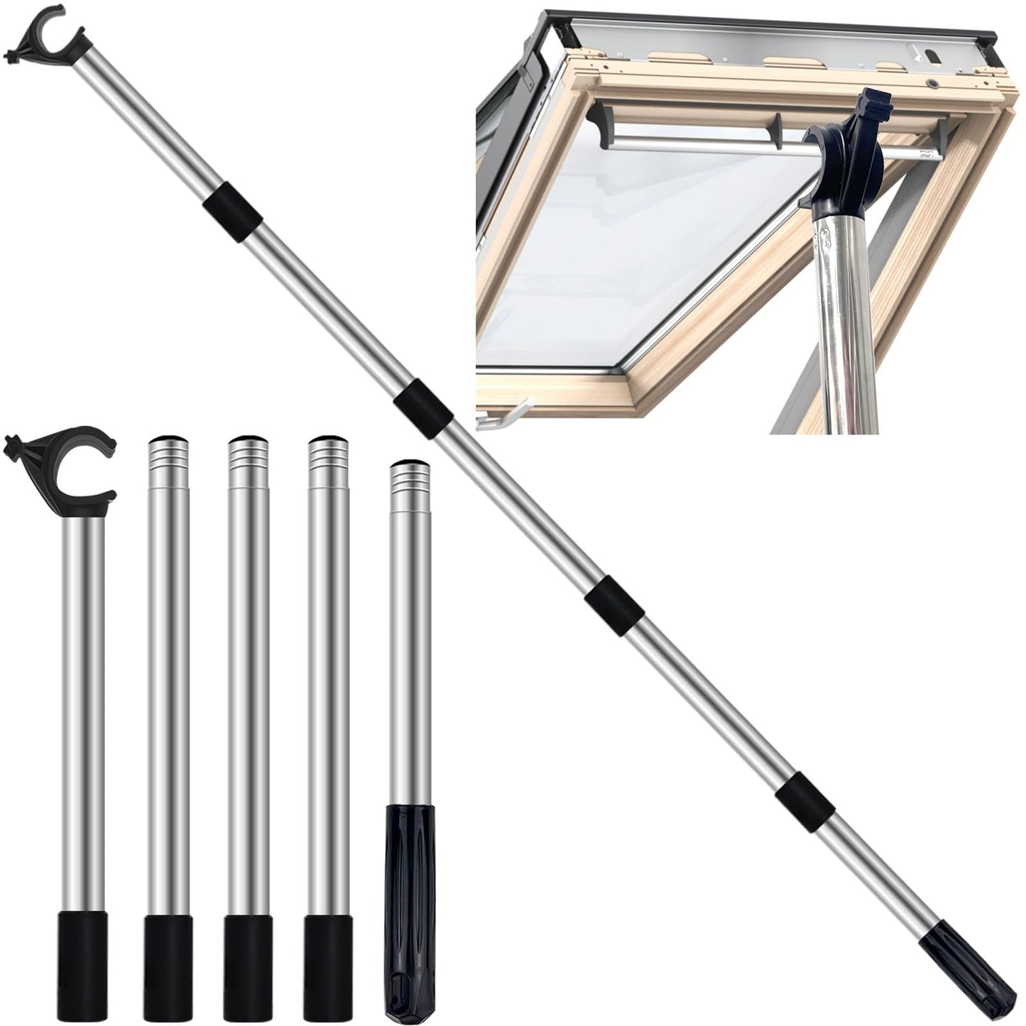 Window Pole Opener, 1.86m Telescopic Pole for Roof Windows and Blinds, Compatible with Velux GGL & GGU Skylight Roof Windows, Stainless Steel Multi -