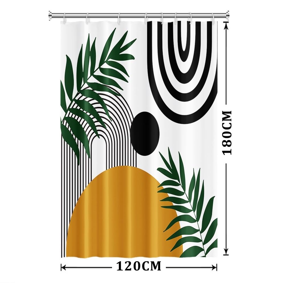 Xiaoterna Boho Shower Curtain Rustic Black Arch Lines Green Leaves Bathroom Curtain Retro Abstract Sun Leaves Lines White Waterproof Machine Washable