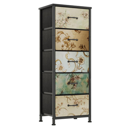 CAIYUN Chest of Drawers Bedroom with 5 Drawers, Tall Fabric Dressers with Flower Printing, Dresser for Entryway Hallway Living Room, Closet Storage