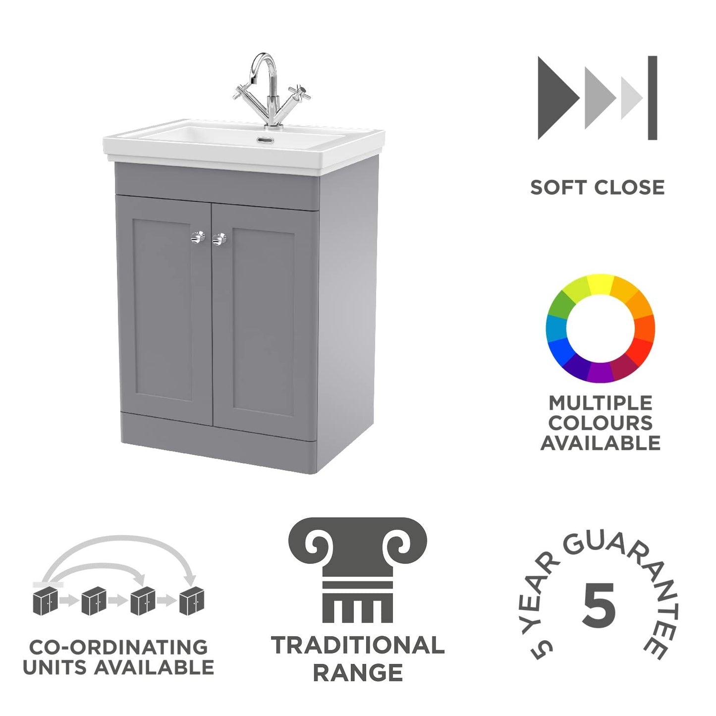 nuie CLC225A Classique Traditional Bathroom Floor Standing 2 Door Vanity Basin Unit with 1 Tap Hole Fireclay Basin, 600mm, Satin Grey