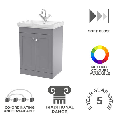 nuie CLC225A Classique Traditional Bathroom Floor Standing 2 Door Vanity Basin Unit with 1 Tap Hole Fireclay Basin, 600mm, Satin Grey