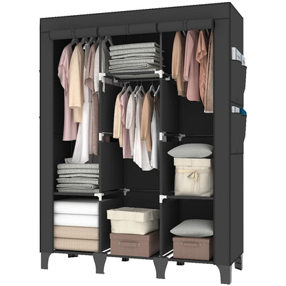 OPPAIYA Canvas Wardrobe, Portable Wardrobe With 3 Hanging Rails, 6 Shelves and 8 Side Bags, 165 * 45 * 125cm Temporary Storage Closet