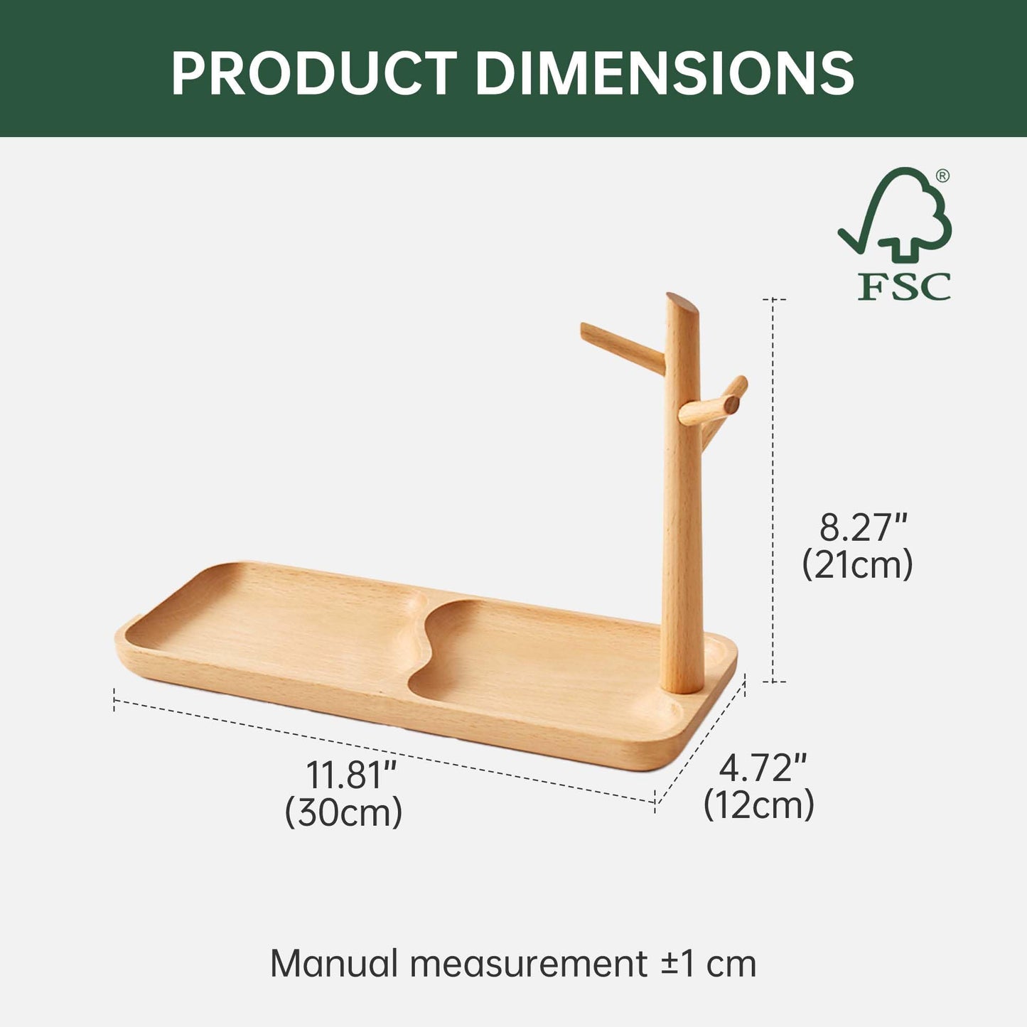 YESWOOD Solid Beech Catch-All Tray, Wooden Desk Organiser with Branch Holder for Jewellery & Accessories, Modern Entryway Tray