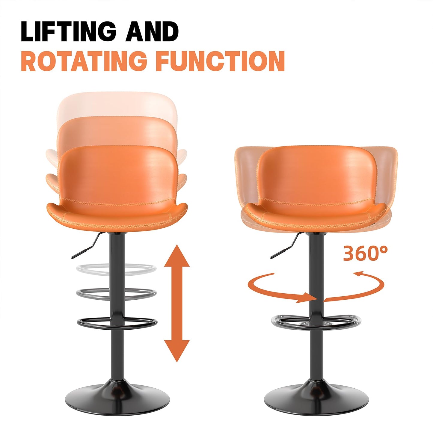 Youhauchair Bar Stools Set of 2, PU Leather Counter Height Barstools with Back, Height Adjustable Swivel Bar Chairs