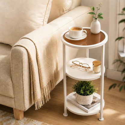 ZEXVIDA 3-Tier Round Side Table with Amber Tempered Glass Top,White & Amber