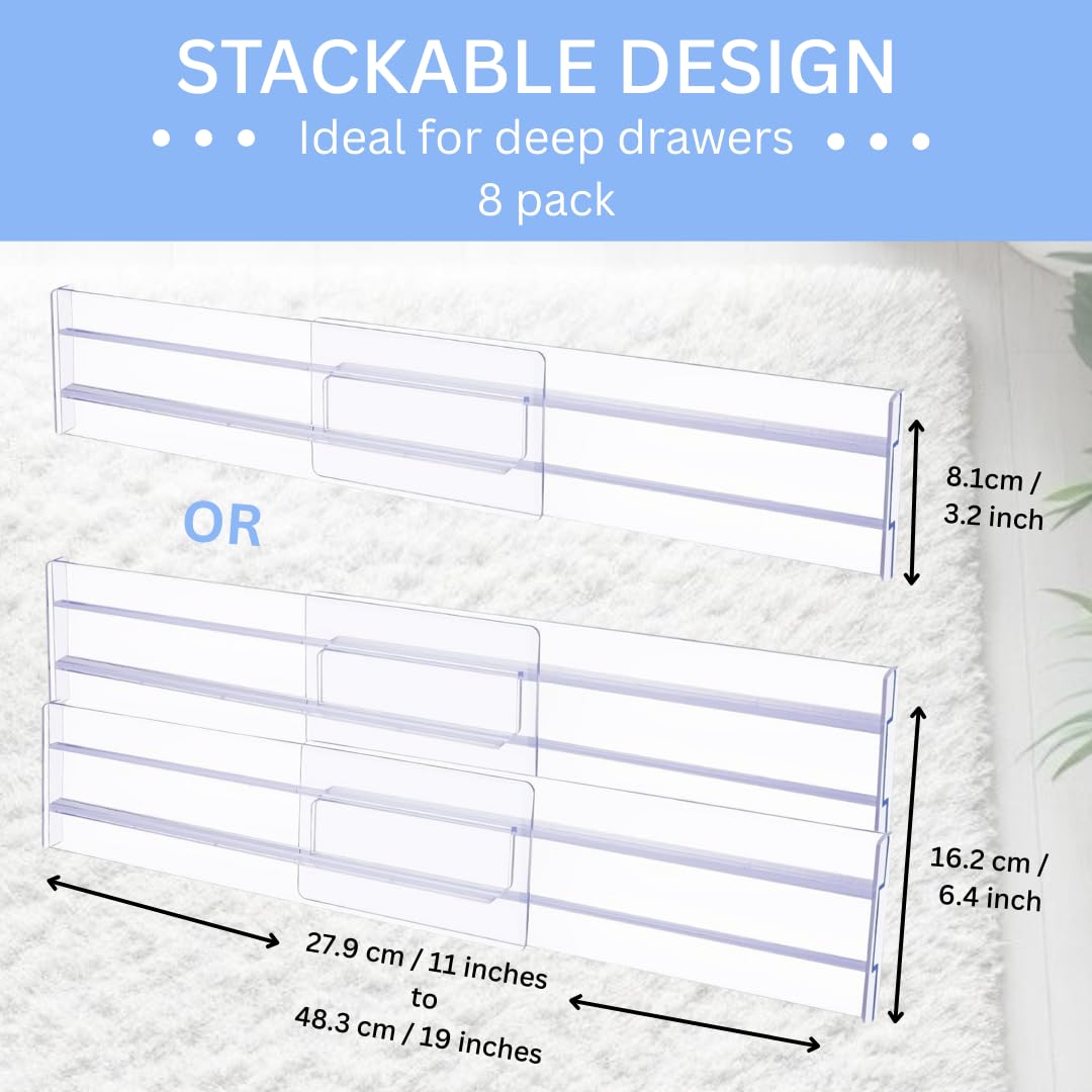 Lyfelights 8 Pack Drawer Dividers – Stackable, Adjustable & Expandable Organisers (12.2–21.4") for Deep Drawers – Clothes, Baby Items, Makeup
