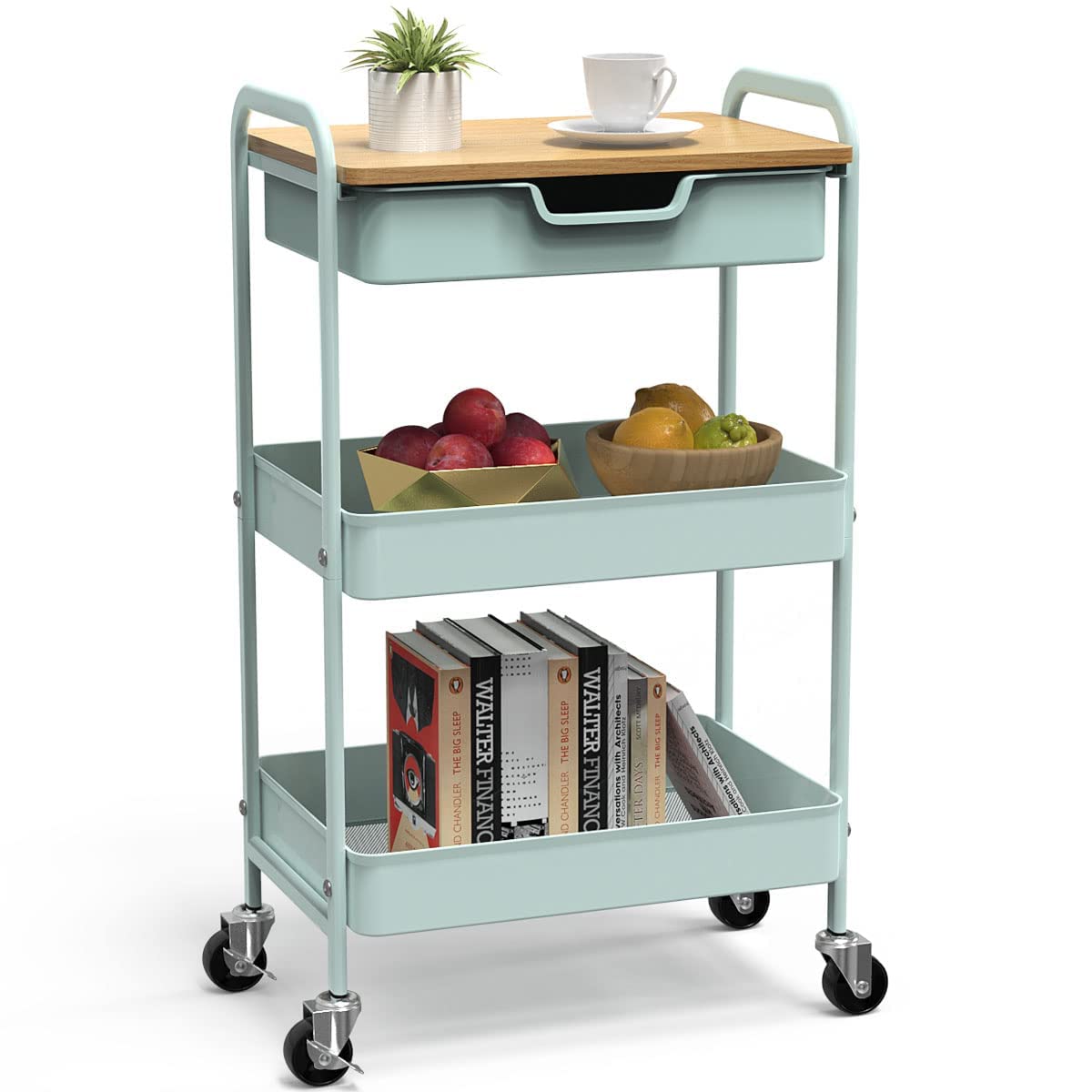 Shrivee 3-Tier Kitchen Trolley with Table and Drawer, All-Purpose Metal Shelf for Office, Salon, Cosmetics, Serving Cart for Kitchen, Bathroom