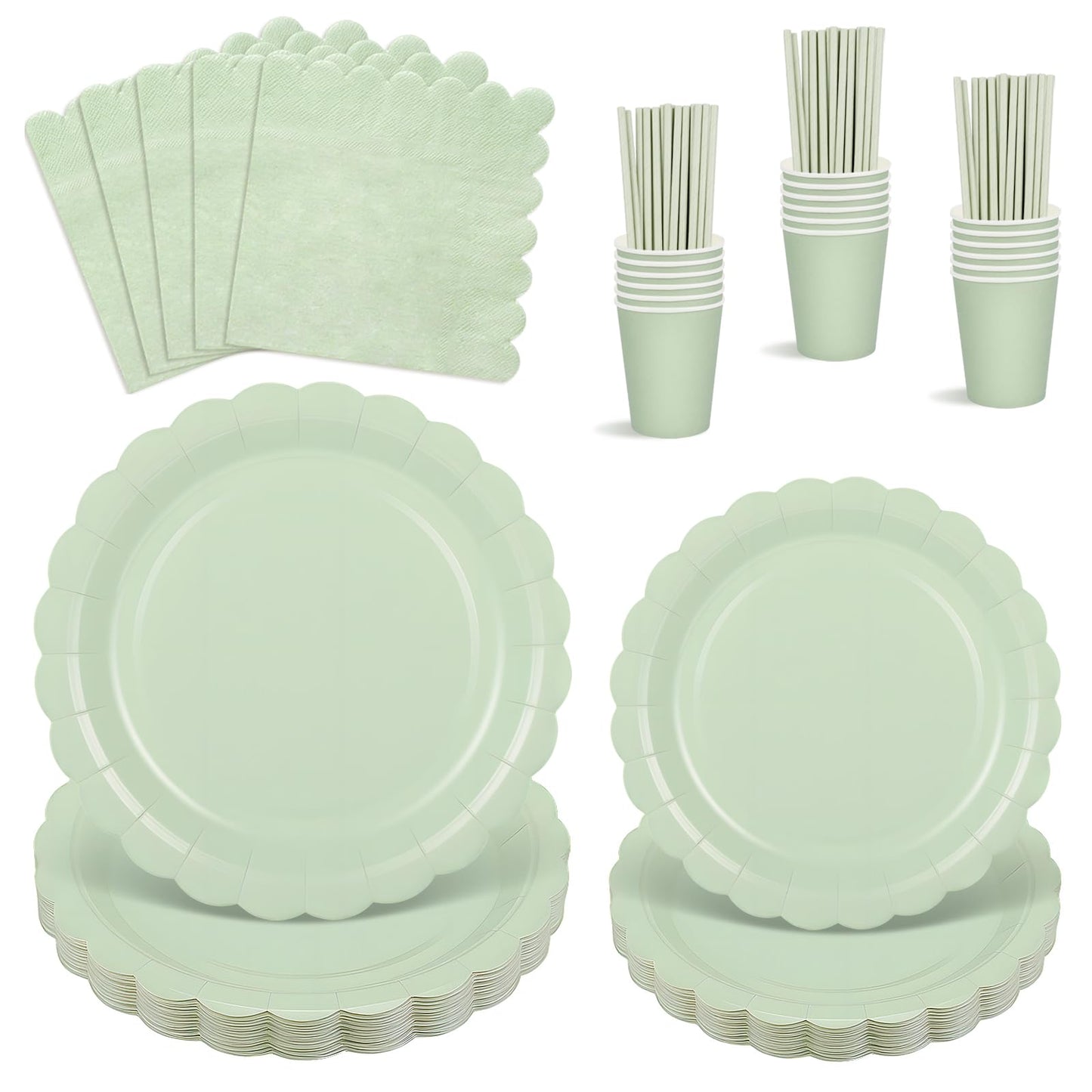 125 Pcs Sage Green Paper Plates and Napkins, Sage Green Party Supplies Include Scalloped Plate Paper Napkin Cup Straws for Baby Shower, Wedding,