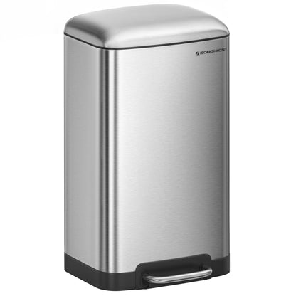 SONGMICS Rubbish Bin, 30L Trash Can, Steel Pedal Bin, with Inner Bucket and Lid, Soft Closure, Airtight, for Kitchen, Living Room, Silver Colour