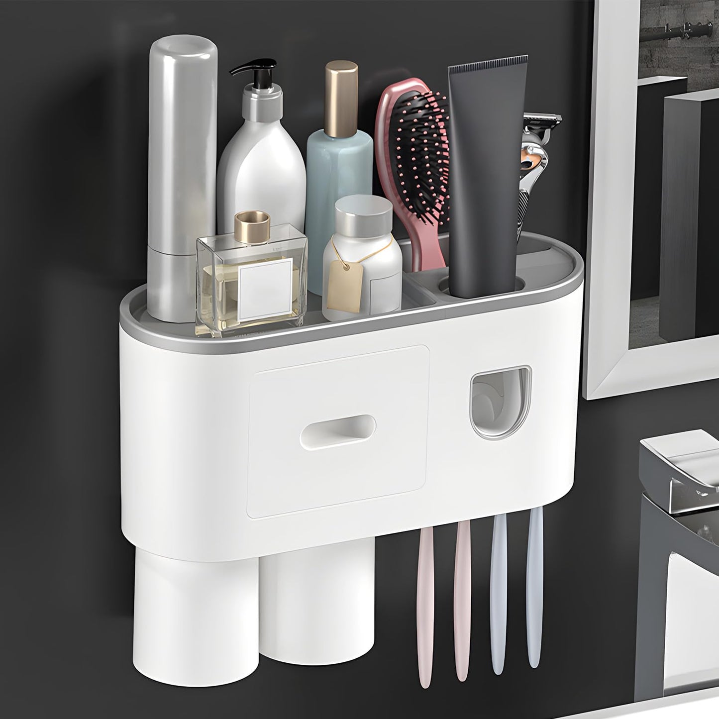 Wall Mounted Toothbrush Holder with 2 Cups, Automatic Toothpaste Dispenser Bathroom Shelf with Drawers, Wall Sticky Storage Organiser Bathroom