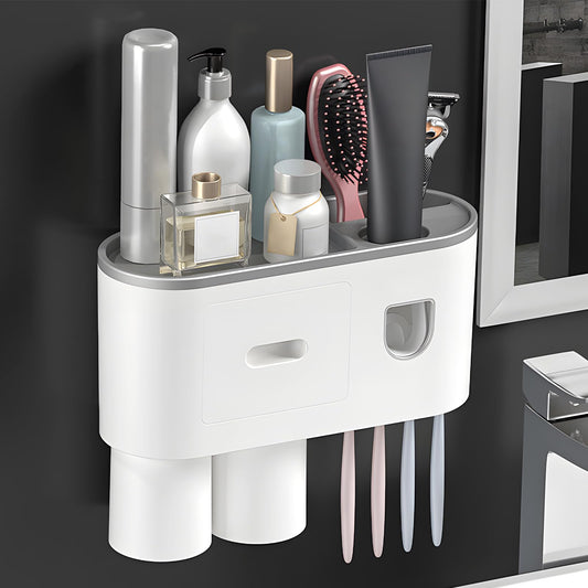 Wall Mounted Toothbrush Holder with 2 Cups, Automatic Toothpaste Dispenser Bathroom Shelf with Drawers, Wall Sticky Storage Organiser Bathroom
