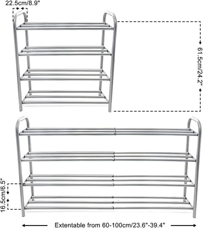 Gurkkst 4 Tier Extendable Shoe Rack Organiser Strong and Durable Heavy Duty Metal Footwear Storage Rack Holds 20+ Pairs (60-100) x 22,5 x 61,5 cm