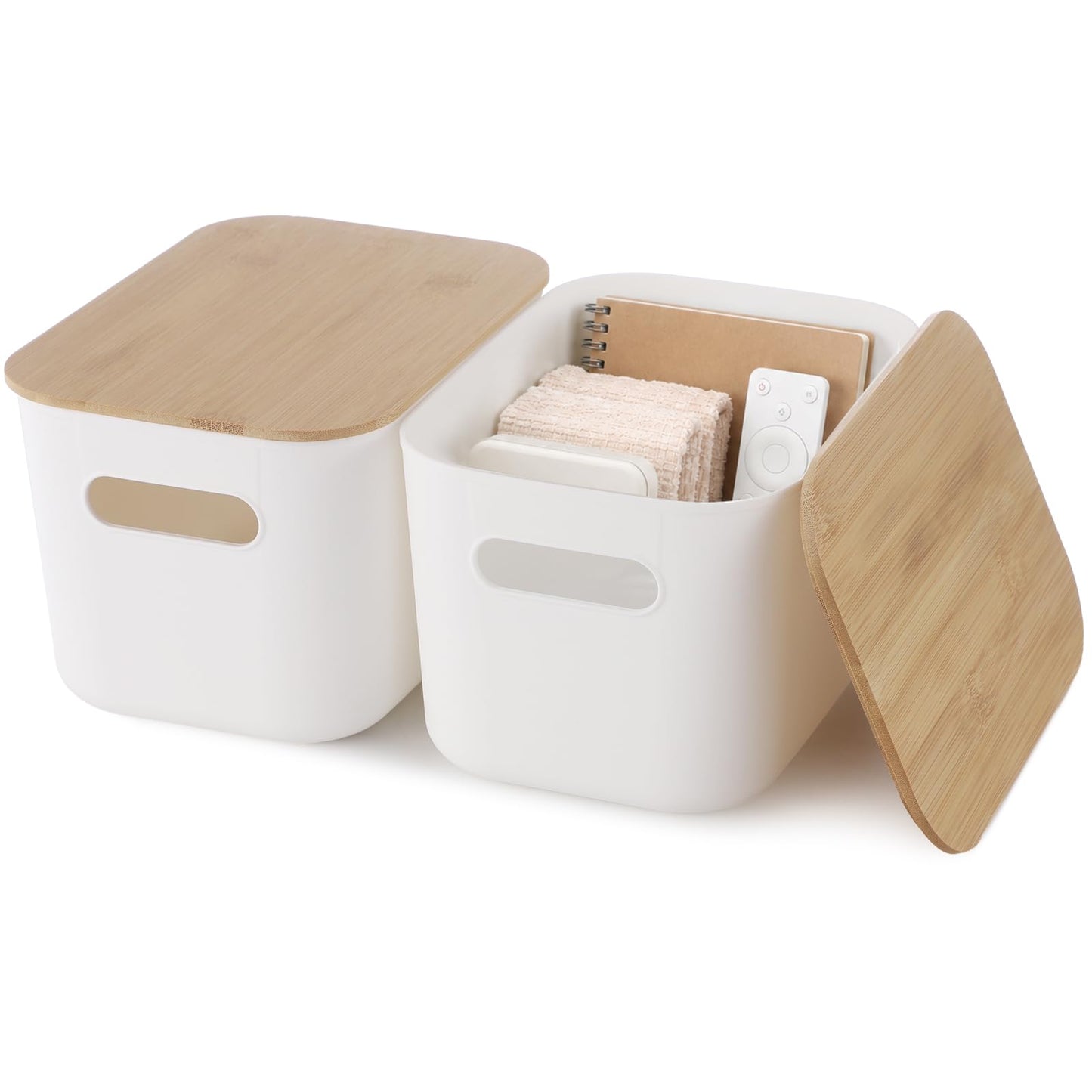 YAGOKKI 2 Pack Plastic Storage Boxes with Lid, 9.8 x 6.8 x 6.0 in Organising Boxes with Wood Lid, Stackable White Storage Box for Desktop Office