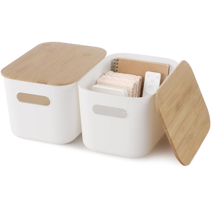 YAGOKKI 2 Pack Plastic Storage Boxes with Lid, 9.8 x 6.8 x 6.0 in Organising Boxes with Wood Lid, Stackable White Storage Box for Desktop Office
