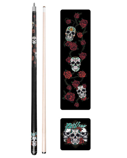 Pathline PL518 Pool Cue Stick - 58" Canadian Maple 13mm Tip Billiard Pool Stick(Black/Skull - 18oz)
