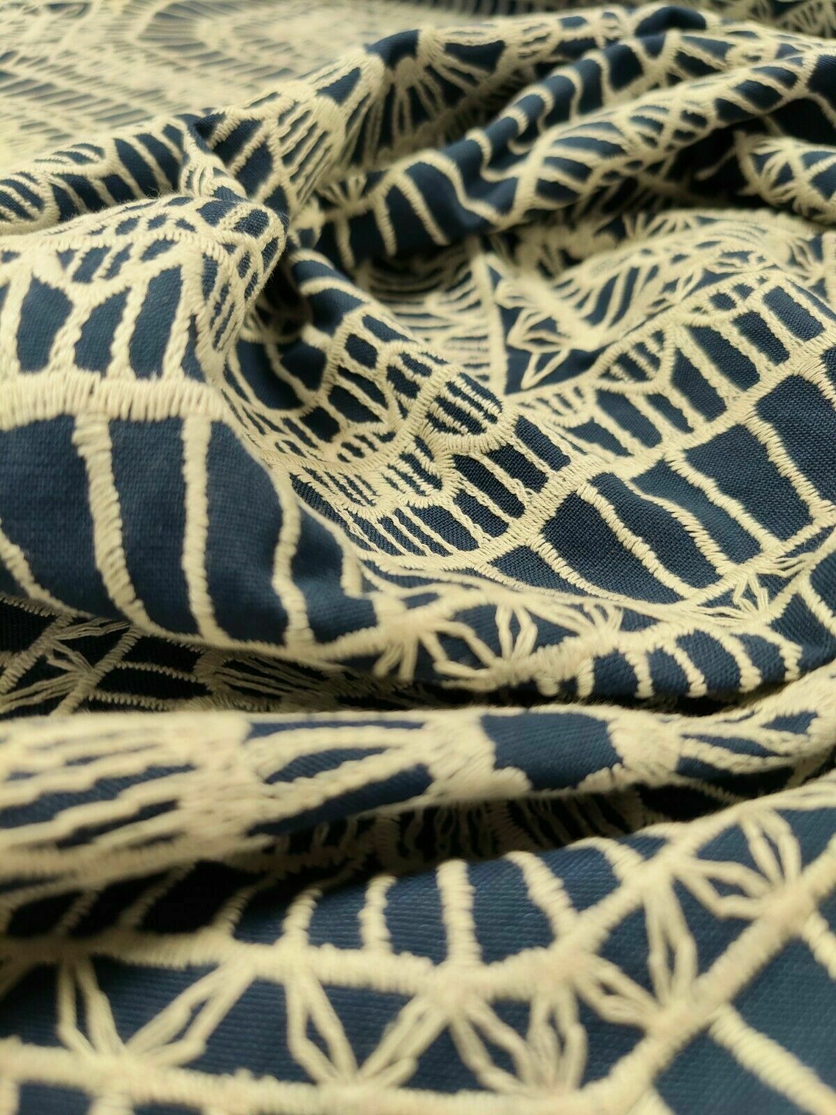 Harlequin Macrame Indigo Embroidered Curtain Upholstery Fabric Per Metre