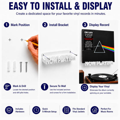 WPESI Now Playing Vinyl Record Stand, Wall Mount Display for Albums - Hanging Record Storage Holder (White)