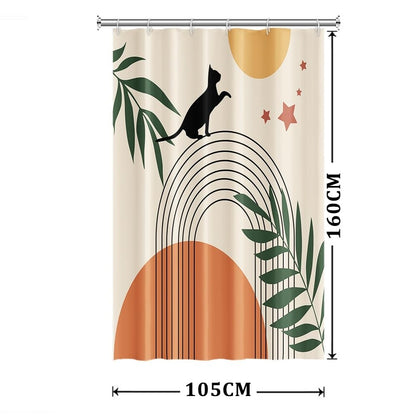Xiaoterna Boho Shower Curtain Abstract Art Cat Bathroom Curtain Vintage Geometric Pattern Black Lines Green Leaves Sun Stars Cute Black Cat Mould and