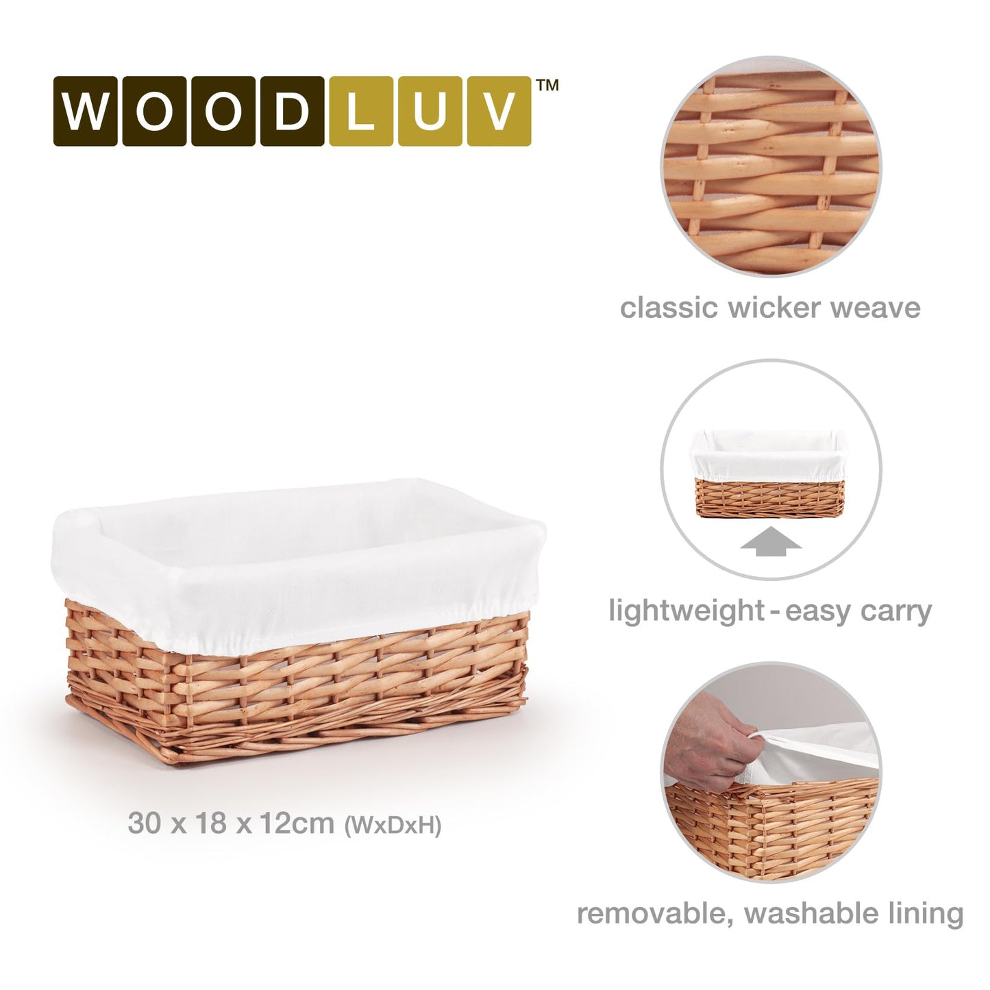 Woodluv Brown Wicker Storage Basket W/Off White Cloth Lining Xmas Hamper - Small