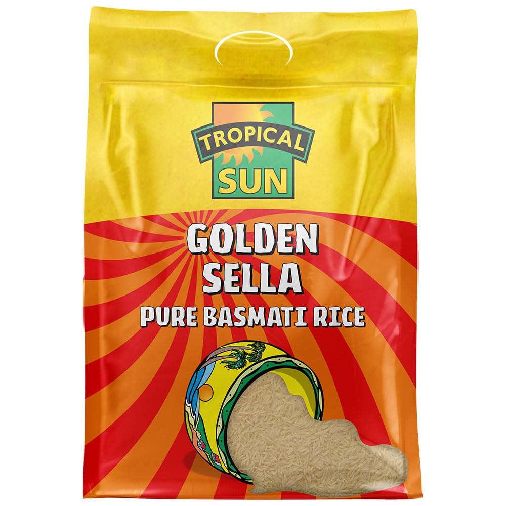 Tropical Sun Golden Sella Basmati Rice 5kg - Extra Long Grain Parboiled Rice - Naturally Aromatic - Non-Sticky & Fluffy Rice for Biryani, Pilaf,